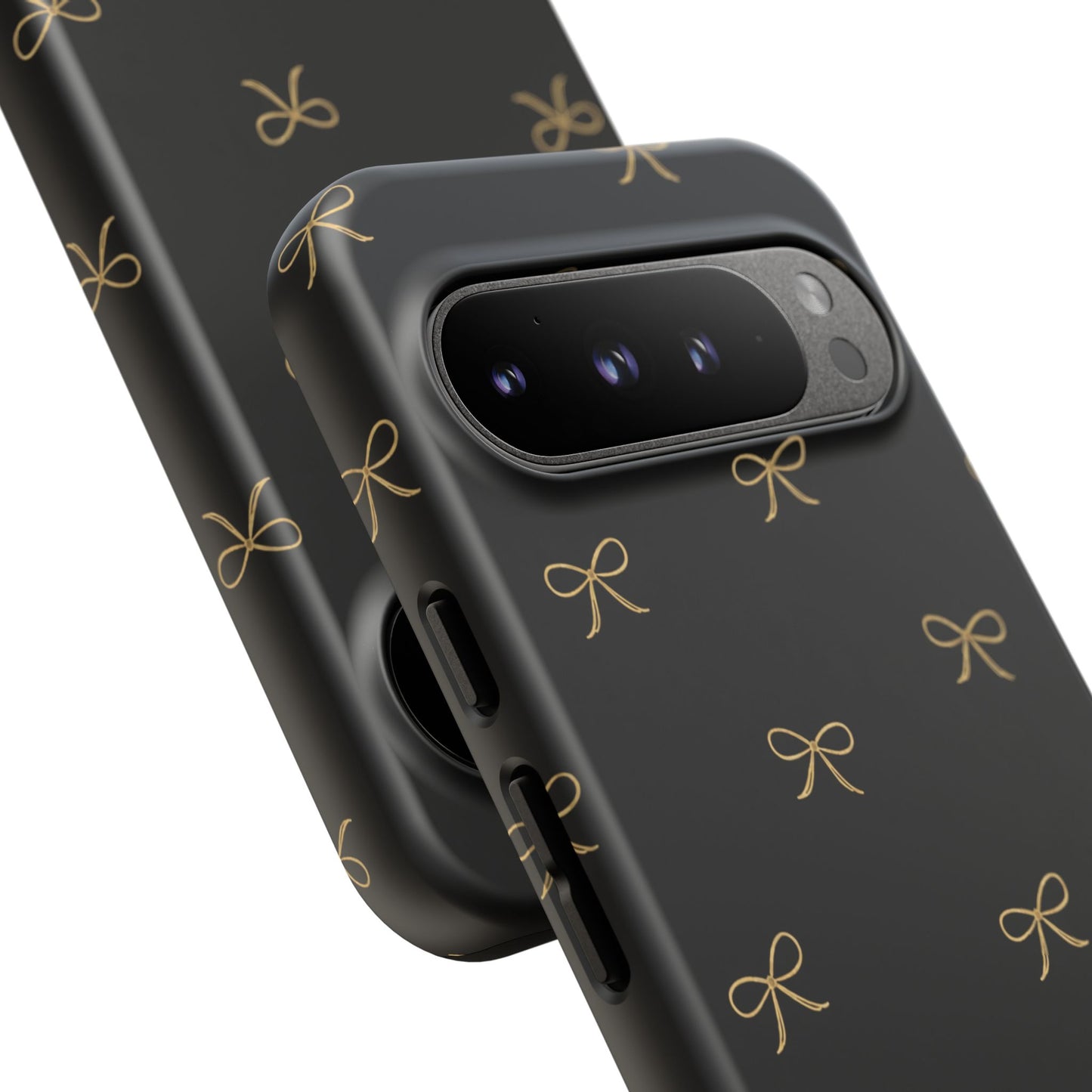 Black Phone Case with Gold Bow Pattern – Slim Protective Cute Aesthetic Cover for Iphone, Samsung Galaxy and Pixel