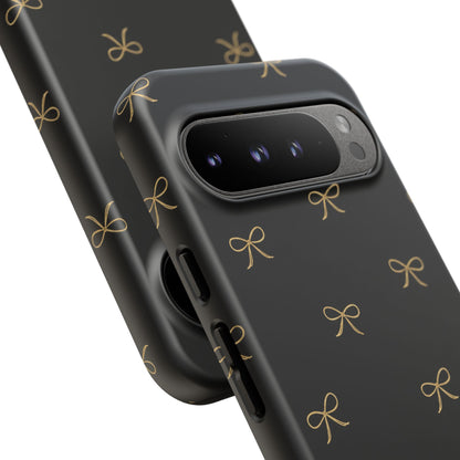 Black Phone Case with Gold Bow Pattern – Slim Protective Cute Aesthetic Cover for Iphone, Samsung Galaxy and Pixel