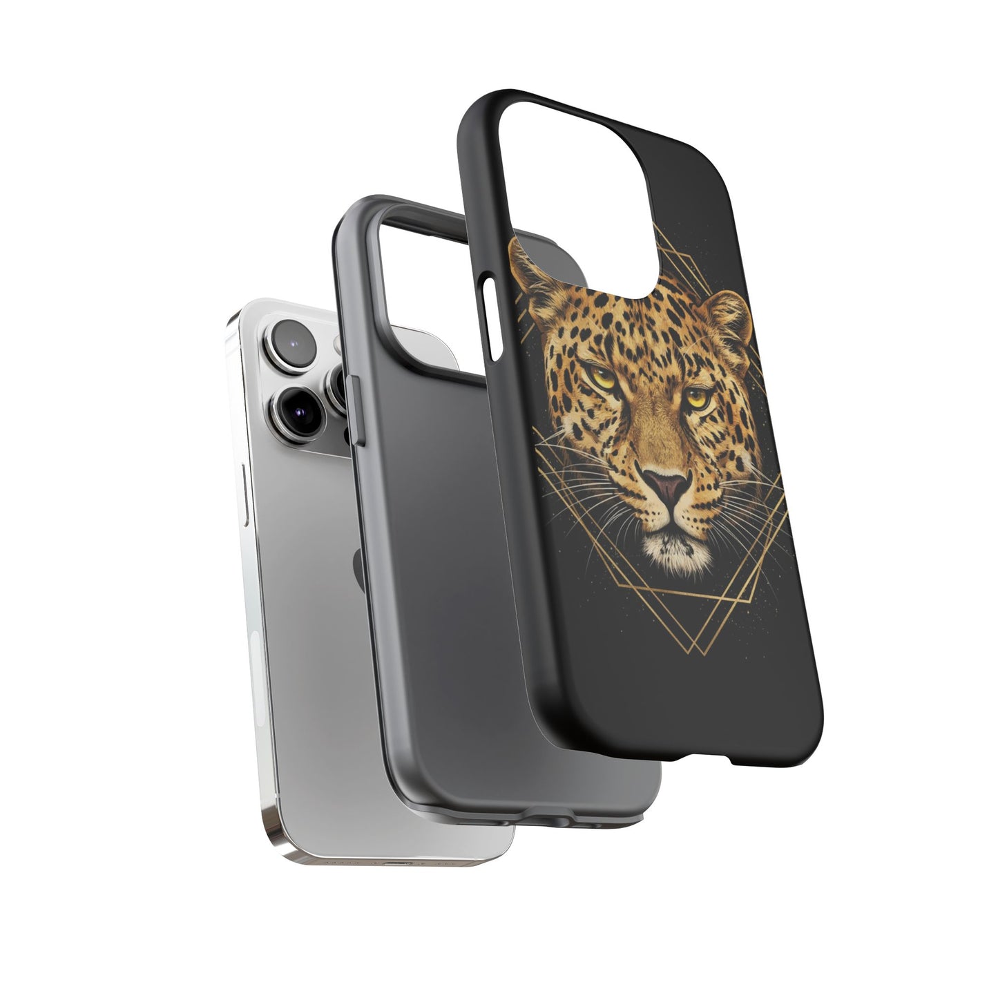 Leopard Head Geometric Phone Case – Black & Gold Luxe Tough Case