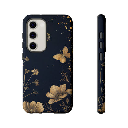 Gold Floral Butterfly Phone Case, Dark Aesthetic Botanical, Elegant Black Luxury iPhone Samsung Cover