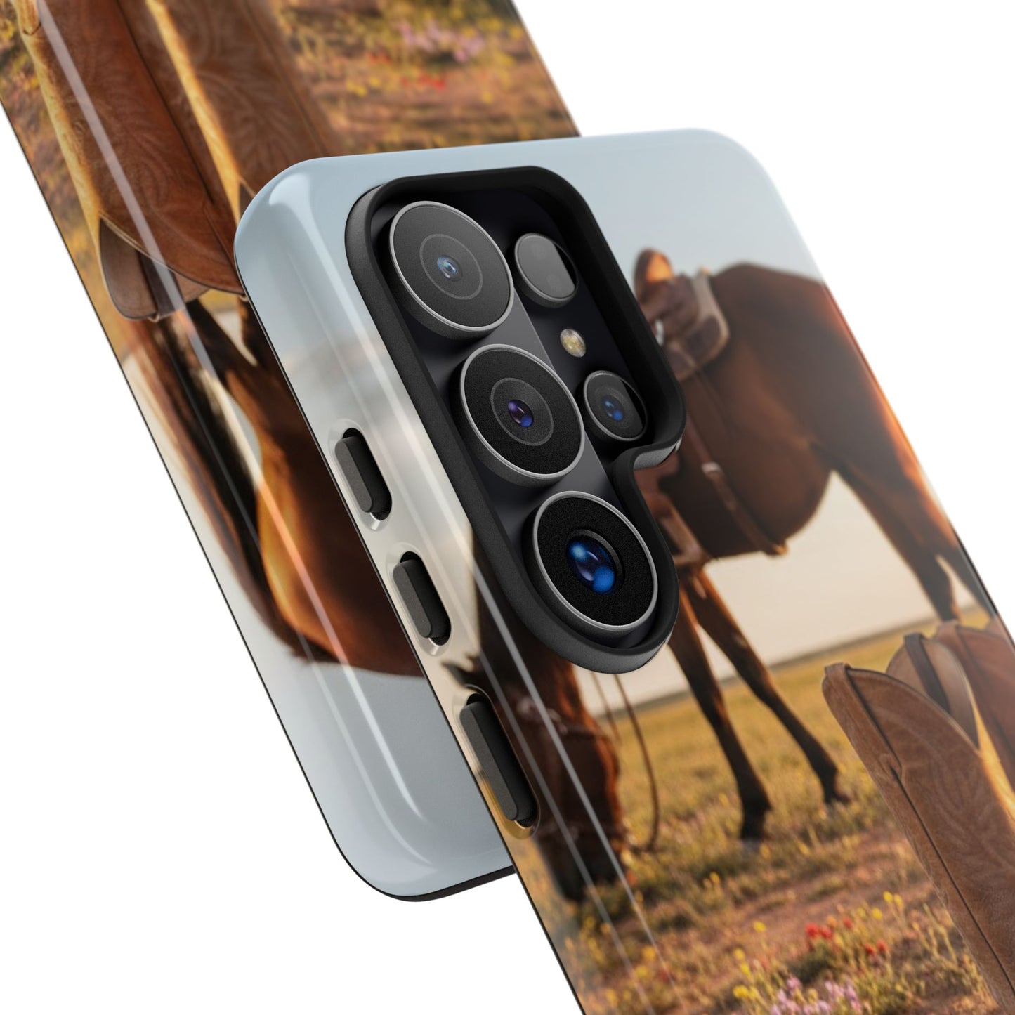 Western Cowboy Boots Phone Case – Rustic Horse Sunset Tough Case (iPhone, Samsung, Pixel)