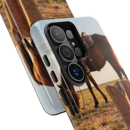 Western Cowboy Boots Phone Case – Rustic Horse Sunset Tough Case (iPhone, Samsung, Pixel)