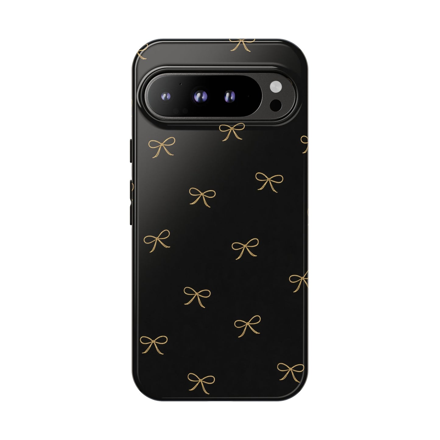 Black Phone Case with Gold Bow Pattern – Slim Protective Cute Aesthetic Cover for Iphone, Samsung Galaxy and Pixel