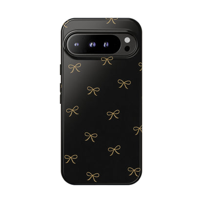 Black Phone Case with Gold Bow Pattern – Slim Protective Cute Aesthetic Cover for Iphone, Samsung Galaxy and Pixel