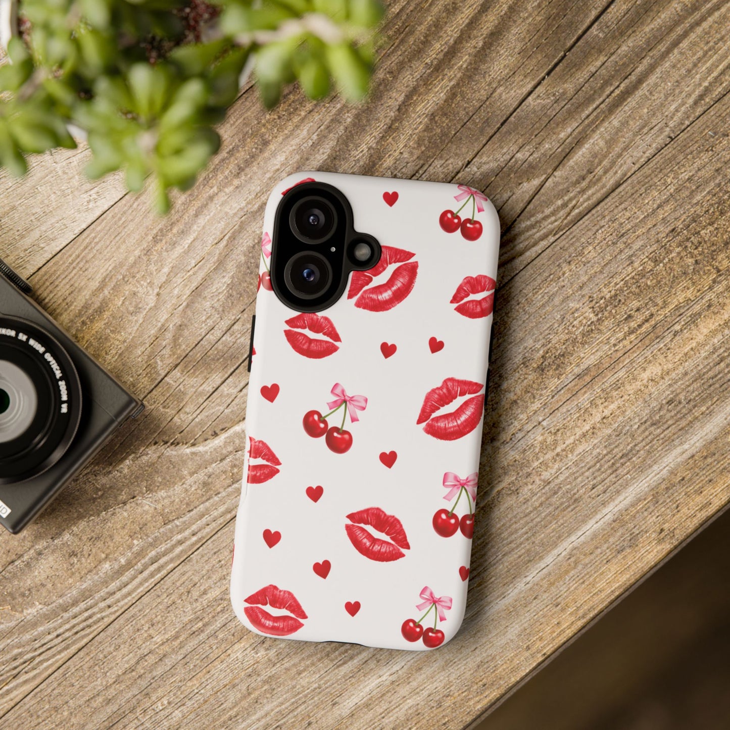 Red Lips & Cherry Phone Case – Y2K Retro Aesthetic Tough Cover