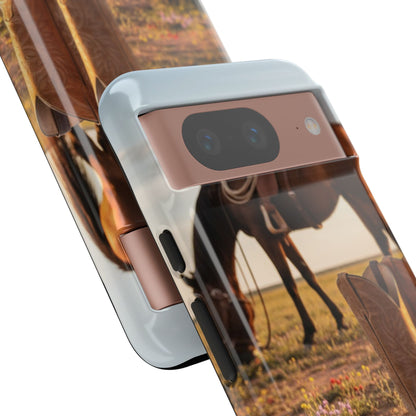 Western Cowboy Boots Phone Case – Rustic Horse Sunset Tough Case (iPhone, Samsung, Pixel)