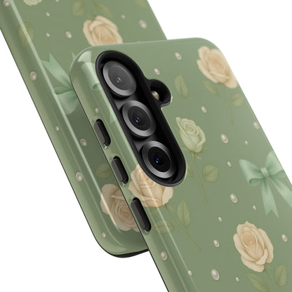 Vintage Rose Bow Phone Case – Sage Green Floral Coquette Aesthetic Tough Case (iPhone, Samsung, Pixel)