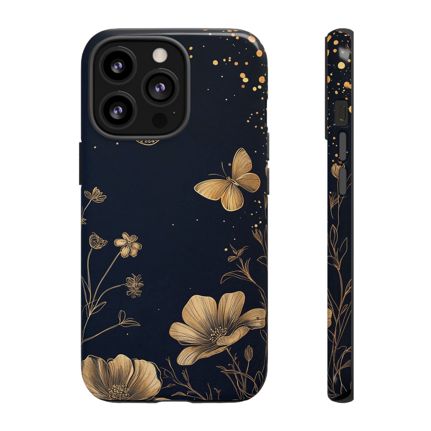 Gold Floral Butterfly Phone Case, Dark Aesthetic Botanical, Elegant Black Luxury iPhone Samsung Cover