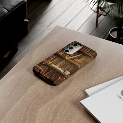 Cozy Vintage Bookshelf Phone Case, Library Aesthetic Book Stack, Autumn Coffee Vibes (iPhone, Samsung, Pixel)