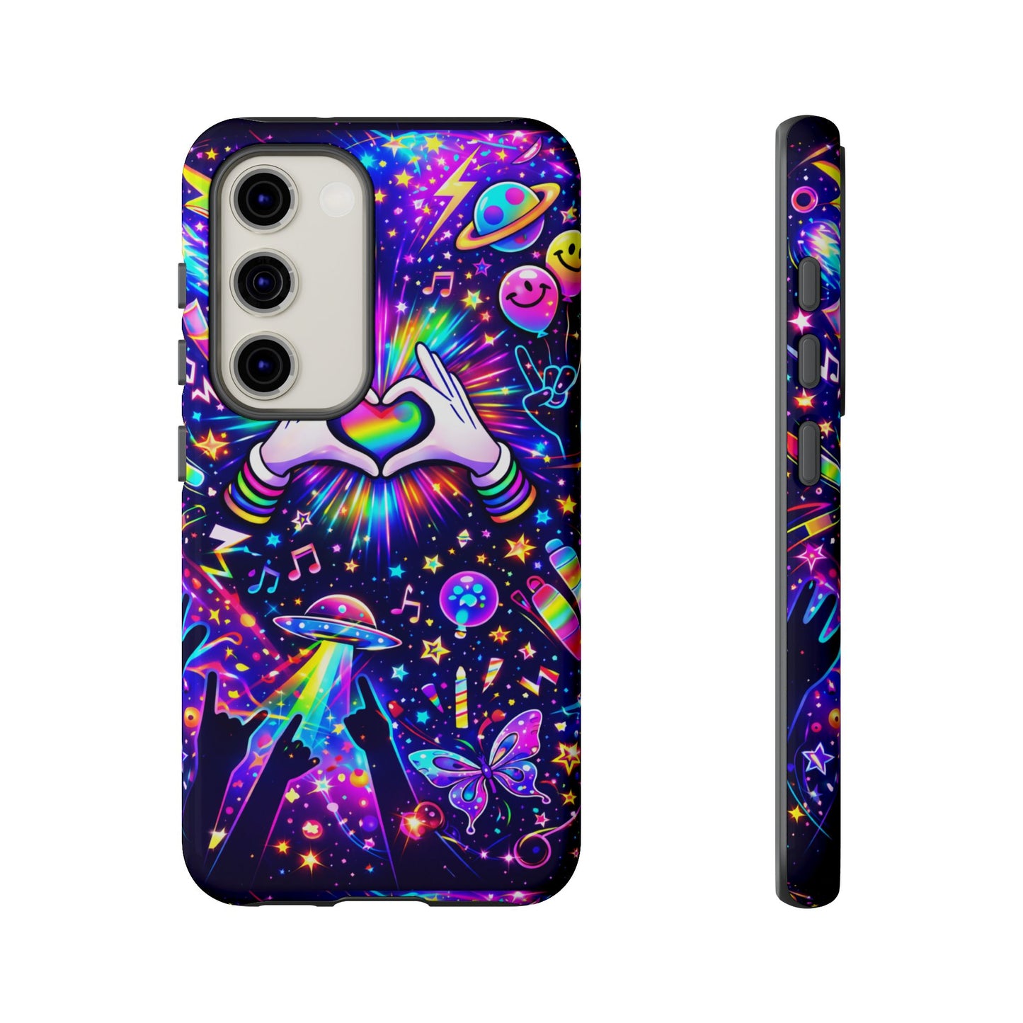 Rainbow Heart Hands Phone Case – Neon Galaxy EDM Festival Tough Cover