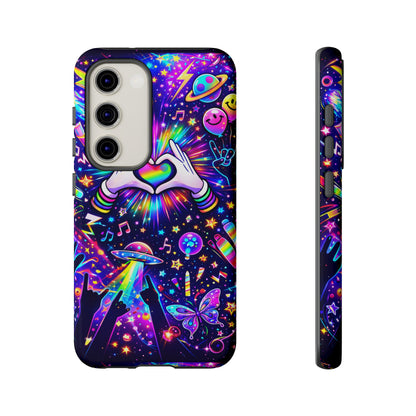 Rainbow Heart Hands Phone Case – Neon Galaxy EDM Festival Tough Cover
