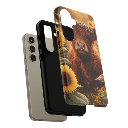 Highland Cow Sunflower Phone Case | Floral Farmhouse iPhone, Samsung Galaxy and Pixel Cover
