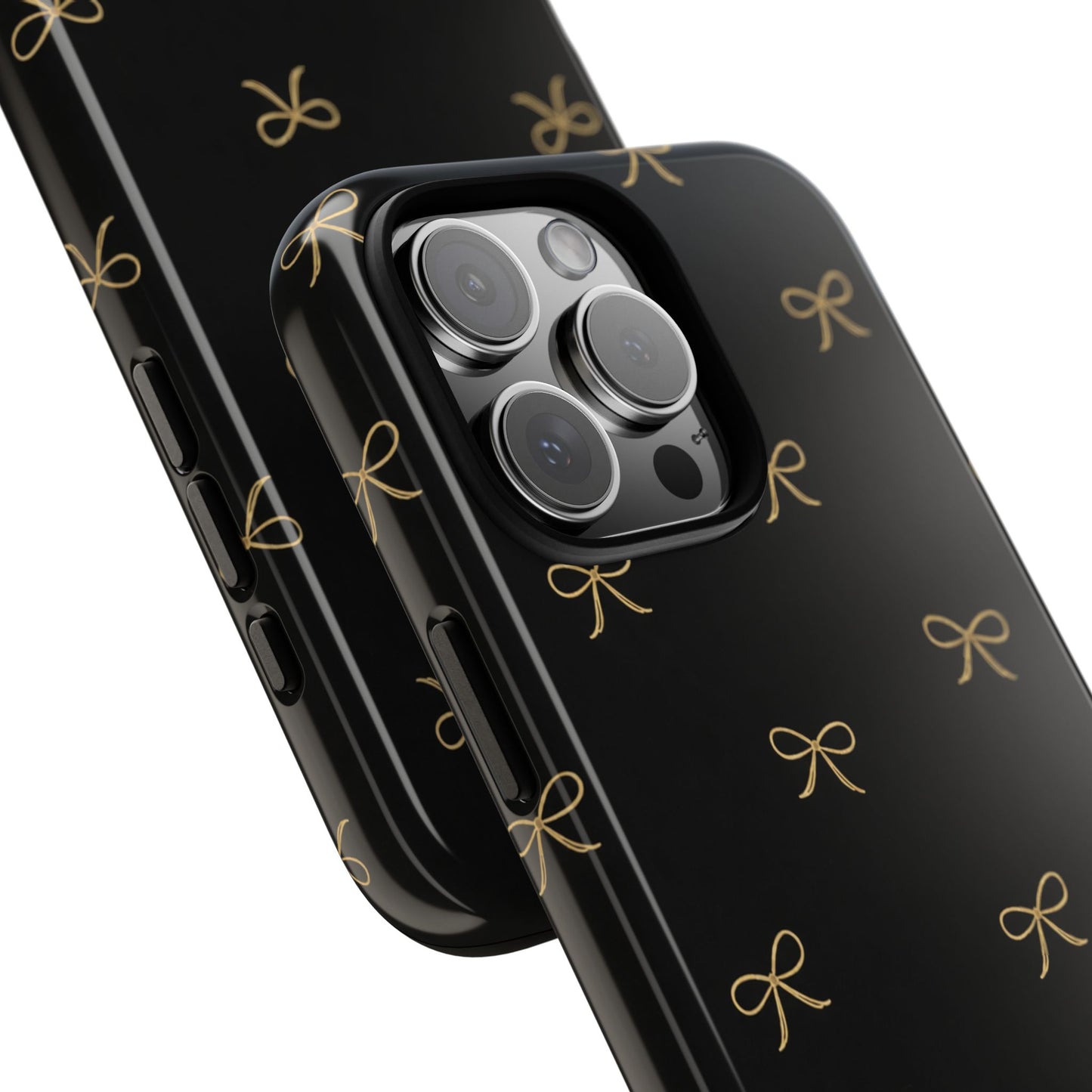 Black Phone Case with Gold Bow Pattern – Slim Protective Cute Aesthetic Cover for Iphone, Samsung Galaxy and Pixel