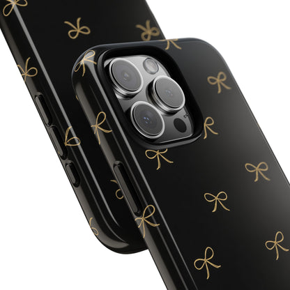Black Phone Case with Gold Bow Pattern – Slim Protective Cute Aesthetic Cover for Iphone, Samsung Galaxy and Pixel