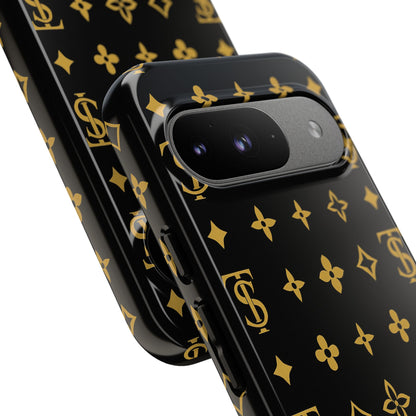 Gold Monogram Pattern Tough Phone Case | Black & Gold Luxury Design for Iphone, Samsung Galaxy and Pixel