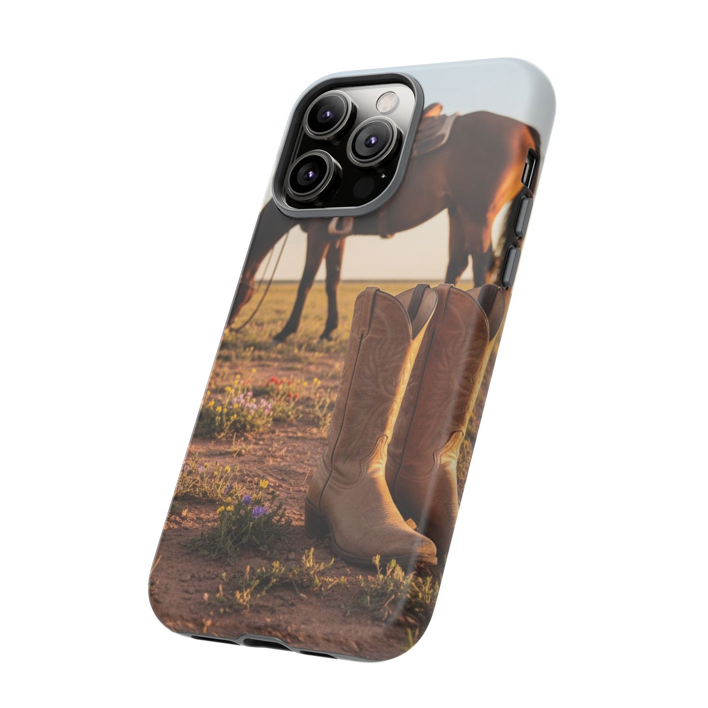 Western Cowboy Boots Phone Case – Rustic Horse Sunset Tough Case (iPhone, Samsung, Pixel)