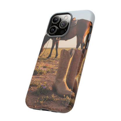 Western Cowboy Boots Phone Case – Rustic Horse Sunset Tough Case (iPhone, Samsung, Pixel)