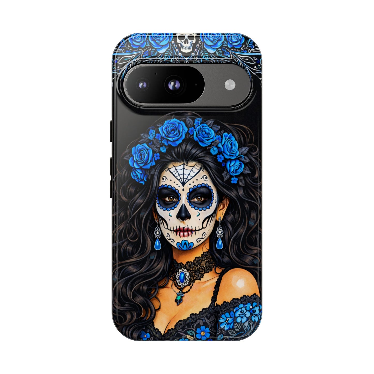 Blue Sugar Skull Woman Phone Case – Day of the Dead Aesthetic Tough Cover