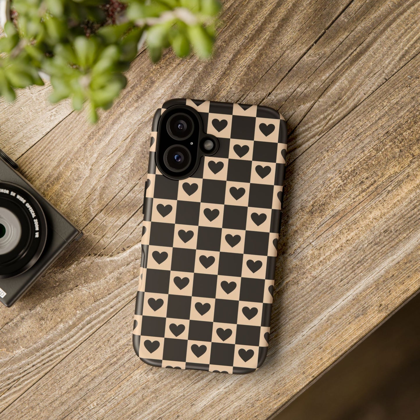 Checkerboard Heart Phone Case – Black & Beige Cute Aesthetic Protective Cover for Iphone, Samsung Galaxy and Pixel