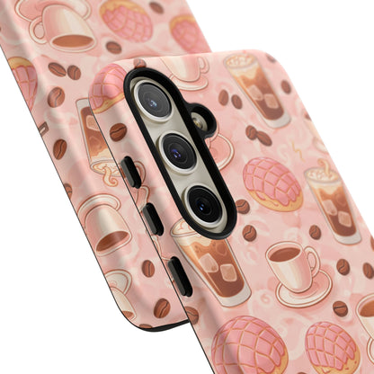 Cute Coffee & Pink Concha Phone Case – Coffee Lover Aesthetic Latte Pattern Tough Case