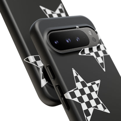Checkered Star Tough Phone Case – Black Retro Graphic Protective Cover for Iphone, Samsung Galaxy and Pixel