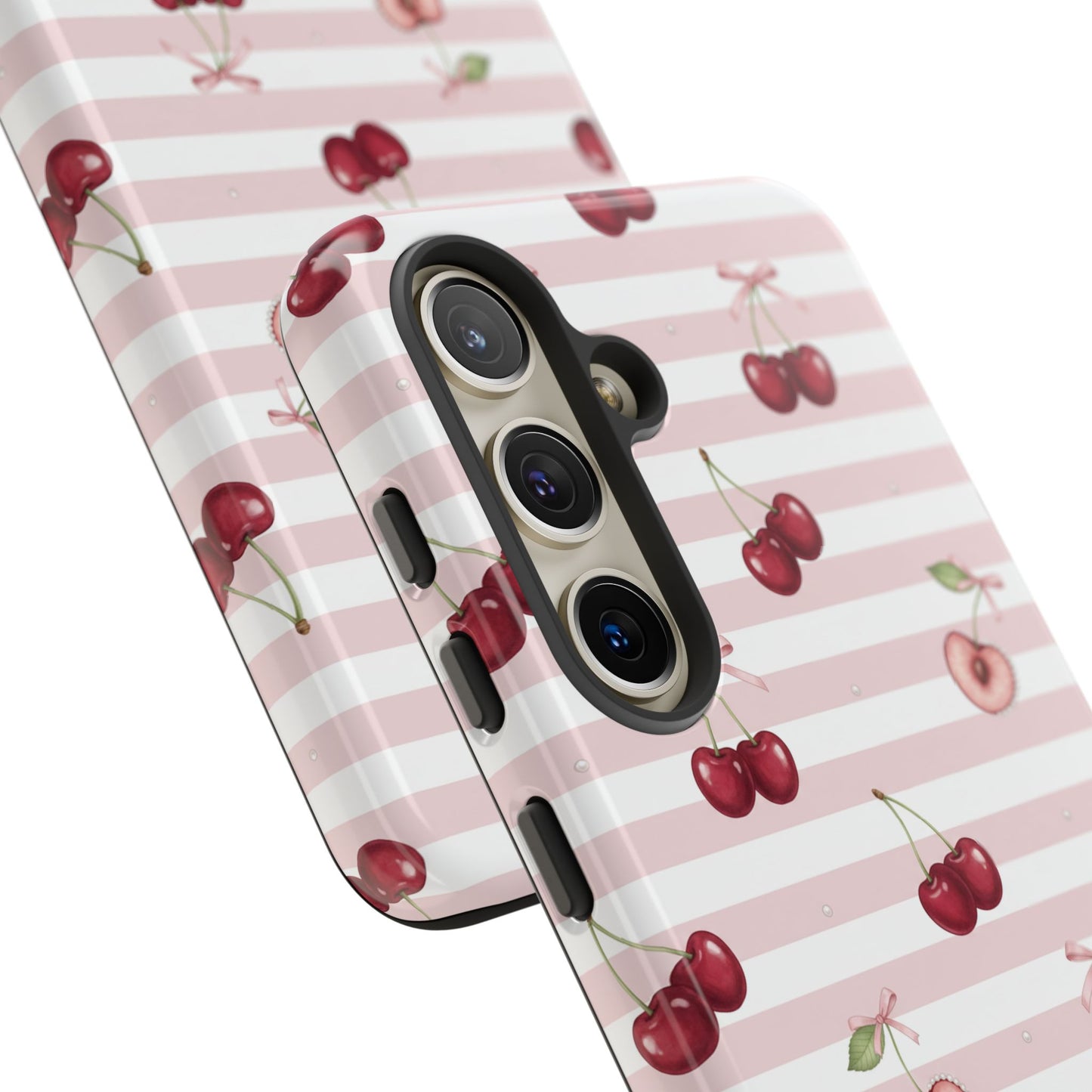 Pink Cherry Stripe Phone Case | Cute Coquette Aesthetic Protective Tough Case