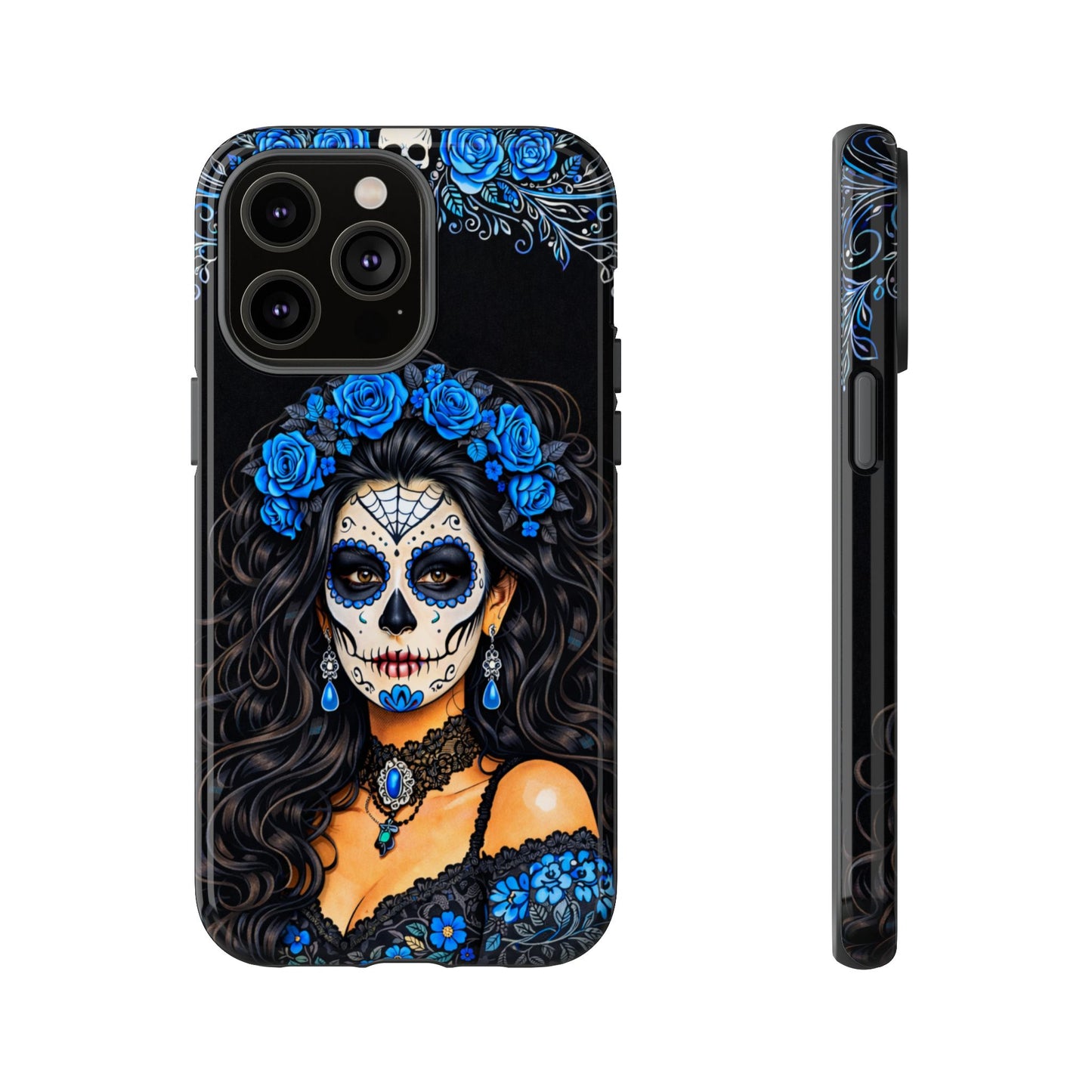 Blue Sugar Skull Woman Phone Case – Day of the Dead Aesthetic Tough Cover