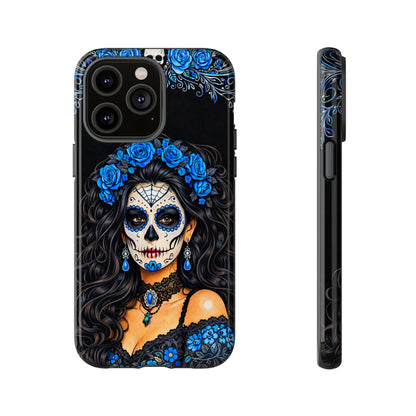 Blue Sugar Skull Woman Phone Case – Day of the Dead Aesthetic Tough Cover