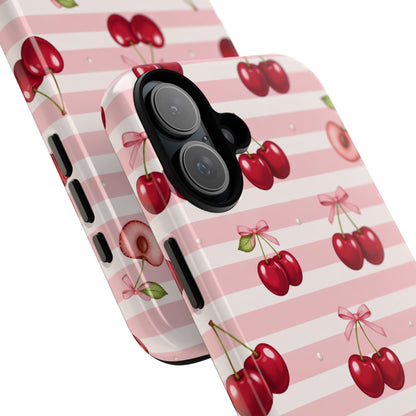Coquette Cherry Bow Phone Case | Cute Pink Aesthetic Cherry Pattern Tough Case for iPhone & Samsung