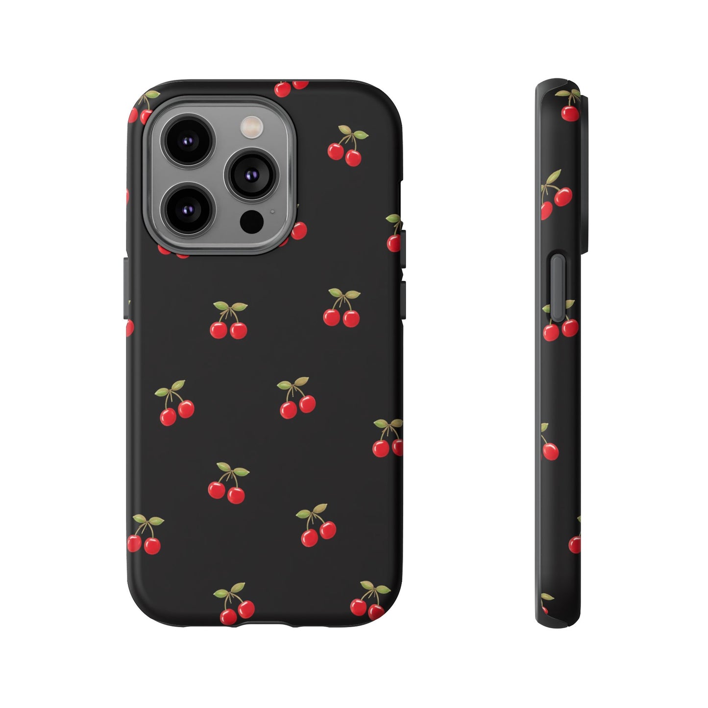 Cherry Pattern Phone Case — Slim Black Protective iPhone Case with Red Cherries for Iphone, Samsung Galaxy and Pixel