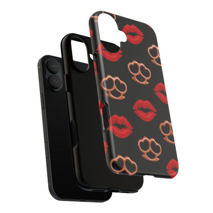 Red Lipstick & Knuckle Duster Phone Case | Bold Kiss Print Tough Protective Cover for Iphone, Samsung Galaxy and Pixel