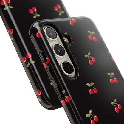 Cherry Pattern Phone Case — Slim Black Protective iPhone Case with Red Cherries for Iphone, Samsung Galaxy and Pixel