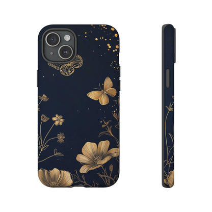 Gold Floral Butterfly Phone Case, Dark Aesthetic Botanical, Elegant Black Luxury iPhone Samsung Cover