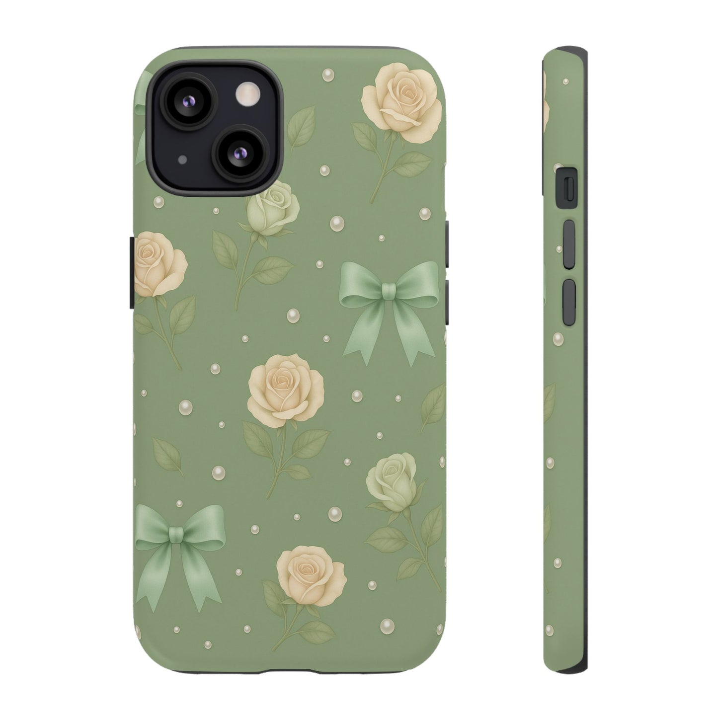 Vintage Rose Bow Phone Case – Sage Green Floral Coquette Aesthetic Tough Case (iPhone, Samsung, Pixel)