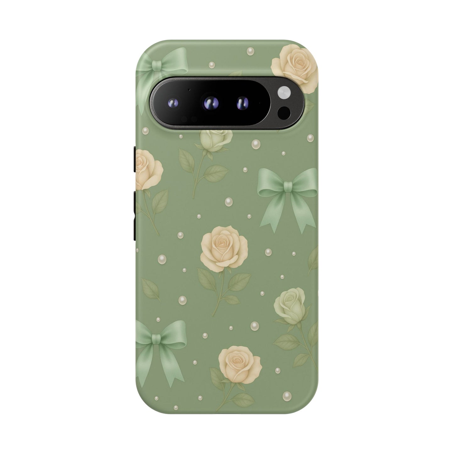 Vintage Rose Bow Phone Case – Sage Green Floral Coquette Aesthetic Tough Case (iPhone, Samsung, Pixel)