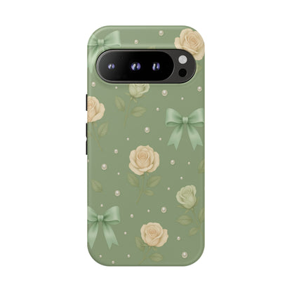 Vintage Rose Bow Phone Case – Sage Green Floral Coquette Aesthetic Tough Case (iPhone, Samsung, Pixel)