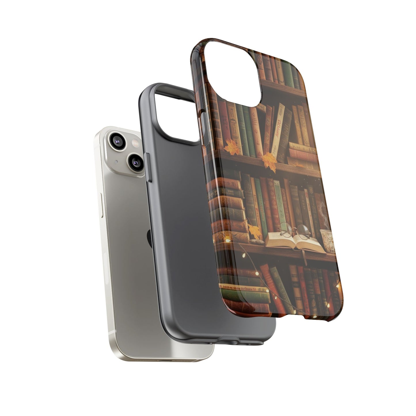 Cozy Vintage Bookshelf Phone Case, Library Aesthetic Book Stack, Autumn Coffee Vibes (iPhone, Samsung, Pixel)
