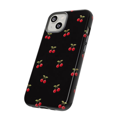 Cherry Pattern Phone Case — Slim Black Protective iPhone Case with Red Cherries for Iphone, Samsung Galaxy and Pixel
