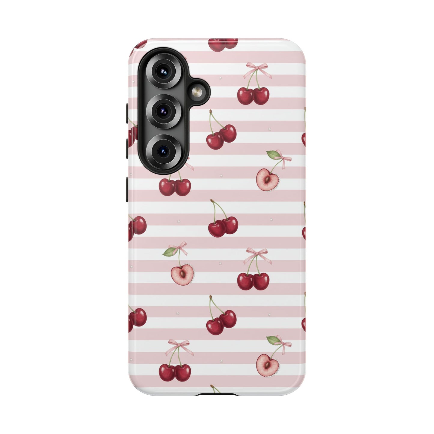Pink Cherry Stripe Phone Case | Cute Coquette Aesthetic Protective Tough Case