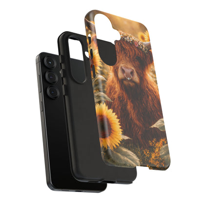 Highland Cow Sunflower Phone Case | Floral Farmhouse iPhone, Samsung Galaxy and Pixel Cover