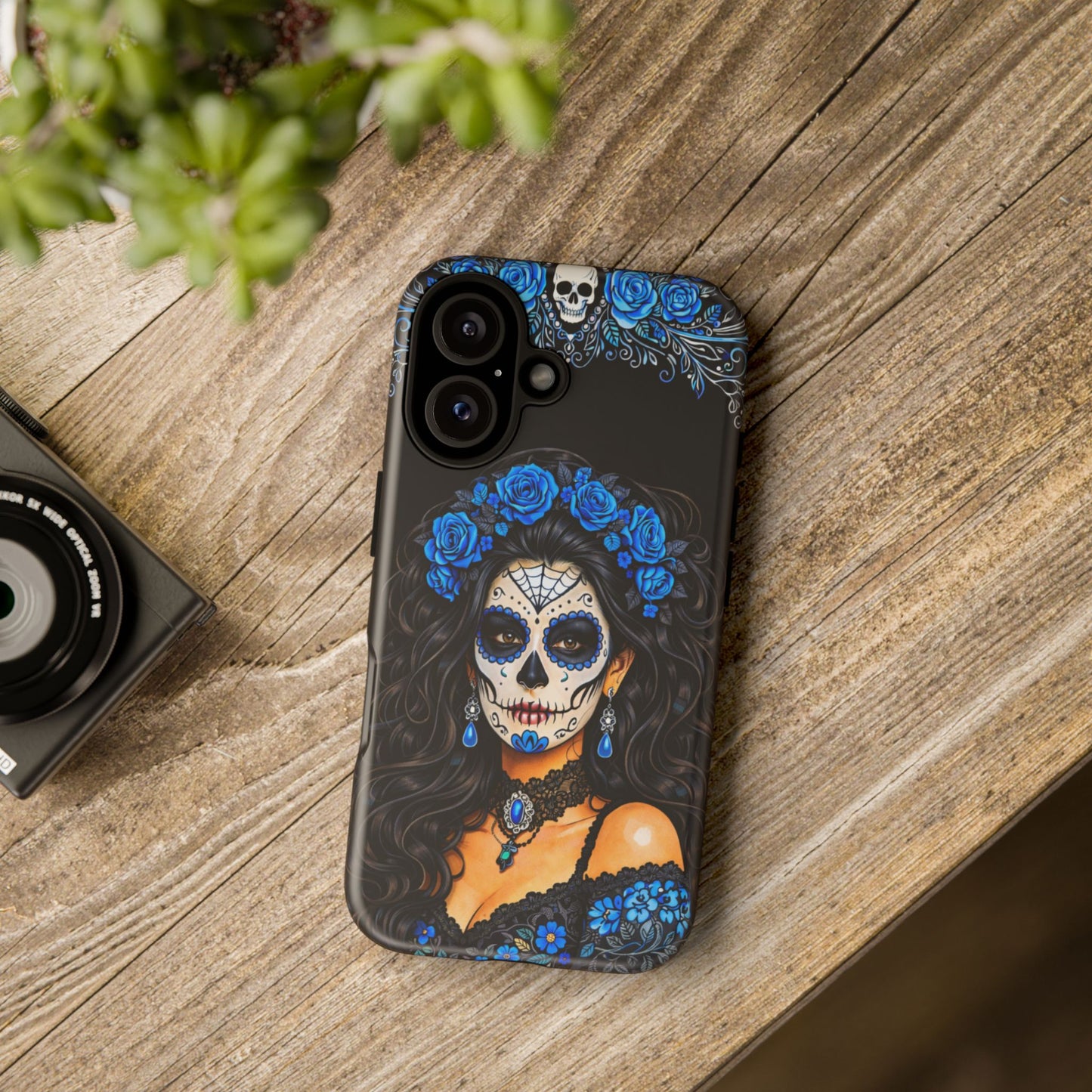 Blue Sugar Skull Woman Phone Case – Day of the Dead Aesthetic Tough Cover