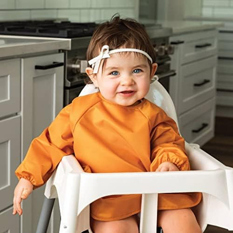 Mess Proof Baby Bibs, 2Pk Waterproof Smock Baby Bibs for Eating, Machine Washable Long Sleeve Bibs, Baby Led Weaning, Toddler Bibs, BLW Supplies (Sand Cinnamon, Large 2-4 Years)