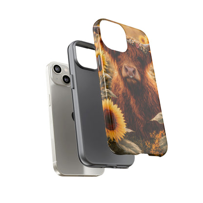 Highland Cow Sunflower Phone Case | Floral Farmhouse iPhone, Samsung Galaxy and Pixel Cover