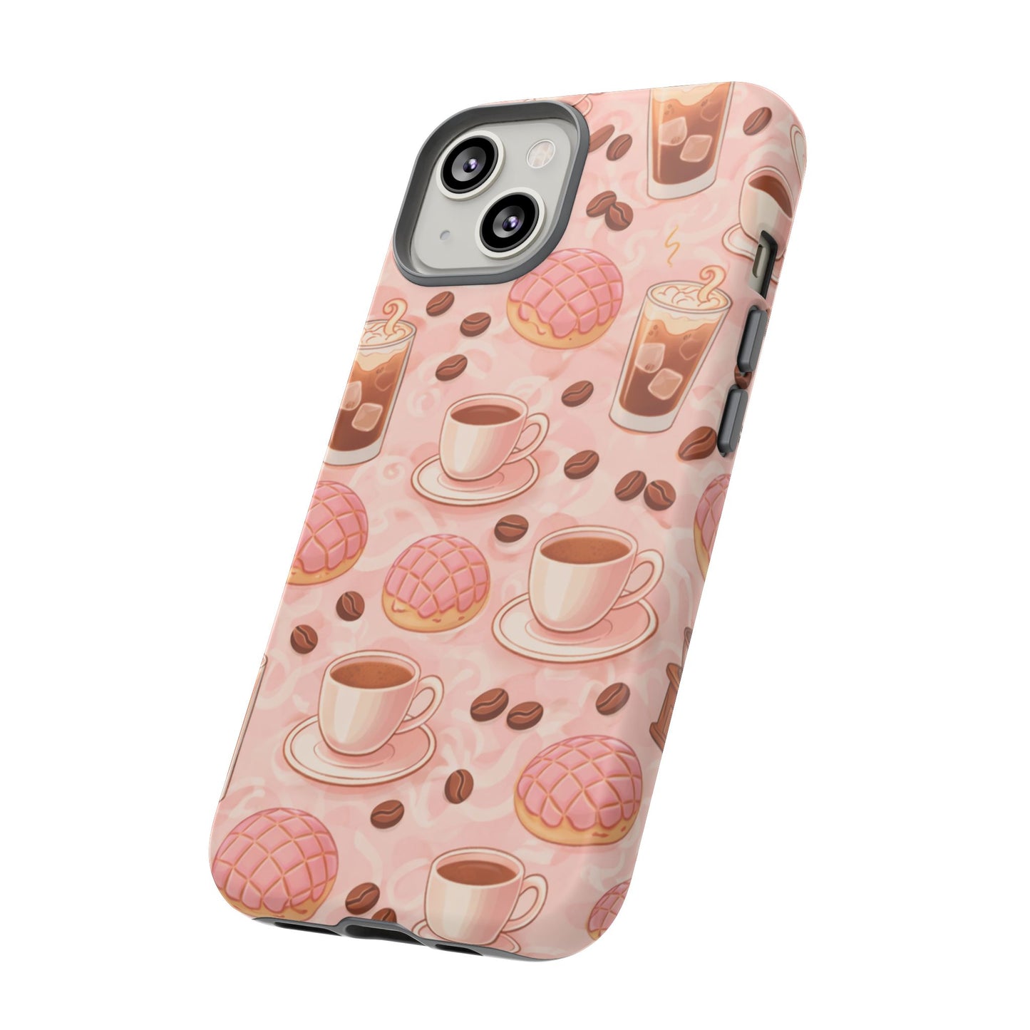 Cute Coffee & Pink Concha Phone Case – Coffee Lover Aesthetic Latte Pattern Tough Case