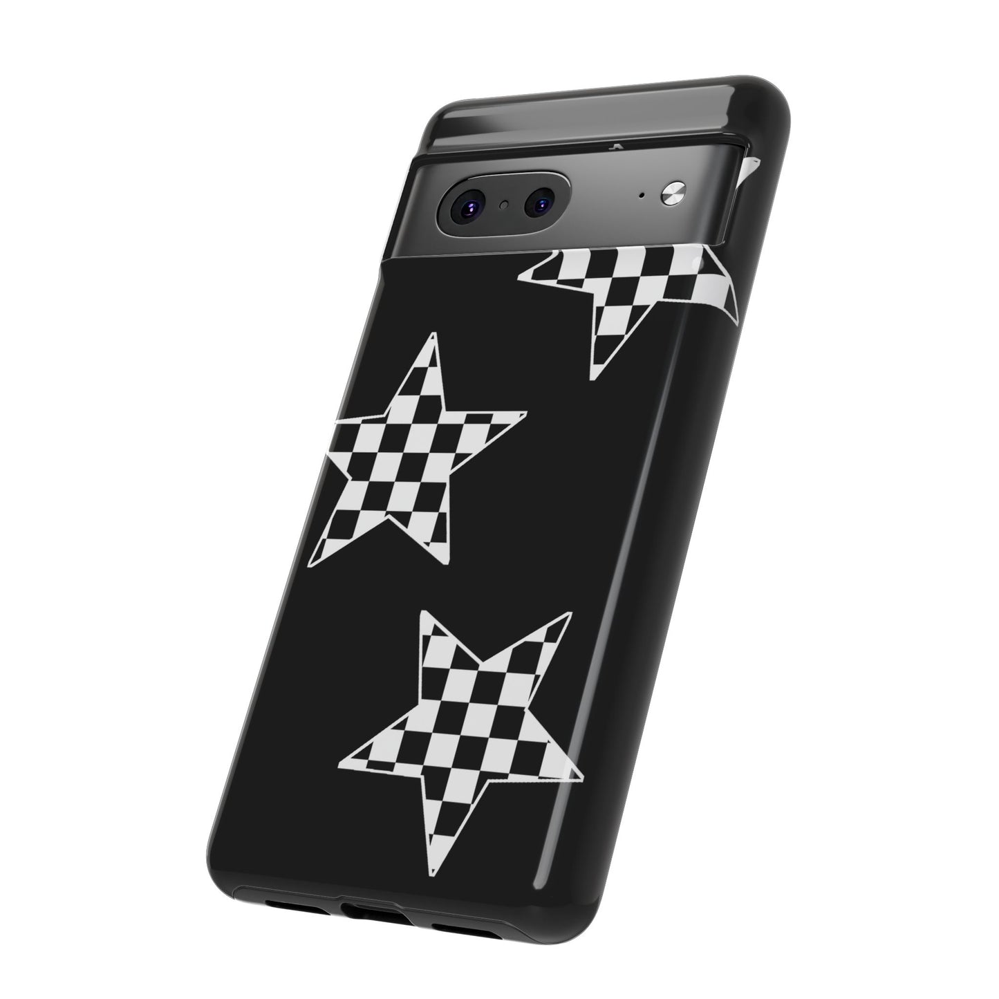 Checkered Star Tough Phone Case – Black Retro Graphic Protective Cover for Iphone, Samsung Galaxy and Pixel
