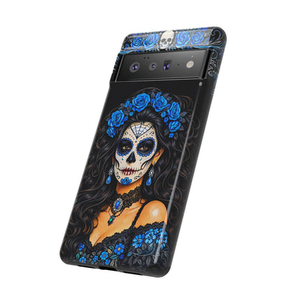 Blue Sugar Skull Woman Phone Case – Day of the Dead Aesthetic Tough Cover
