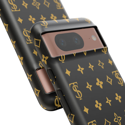 Gold Monogram Pattern Tough Phone Case | Black & Gold Luxury Design for Iphone, Samsung Galaxy and Pixel