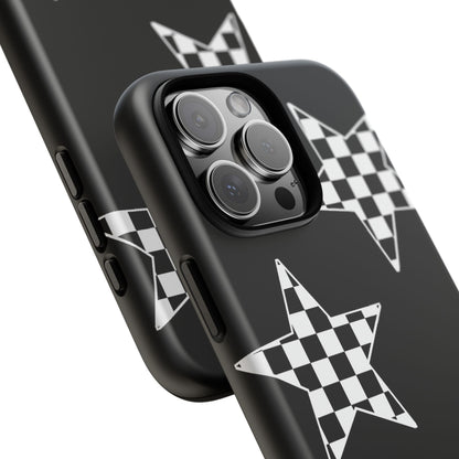 Checkered Star Tough Phone Case – Black Retro Graphic Protective Cover for Iphone, Samsung Galaxy and Pixel