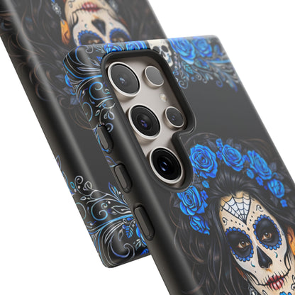 Blue Sugar Skull Woman Phone Case – Day of the Dead Aesthetic Tough Cover