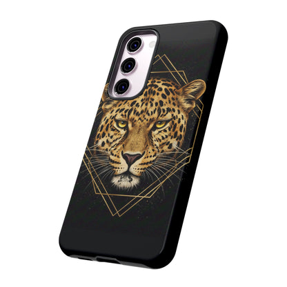 Leopard Head Geometric Phone Case – Black & Gold Luxe Tough Case